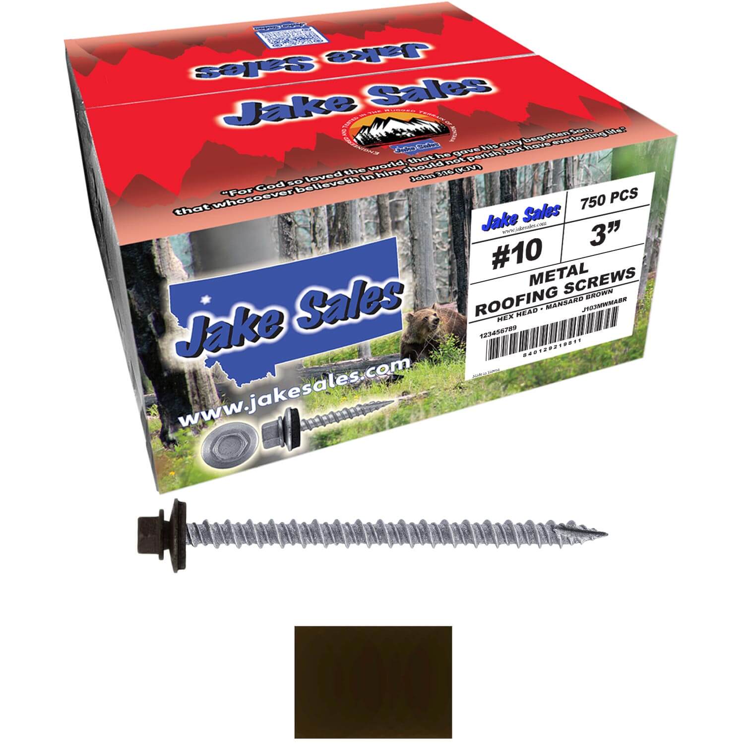 #10 x 3" Metal ROOFING SCREWS - Hex Washer Head - Self starting/self tapping - EPDM washer. Colored head. - Image 175