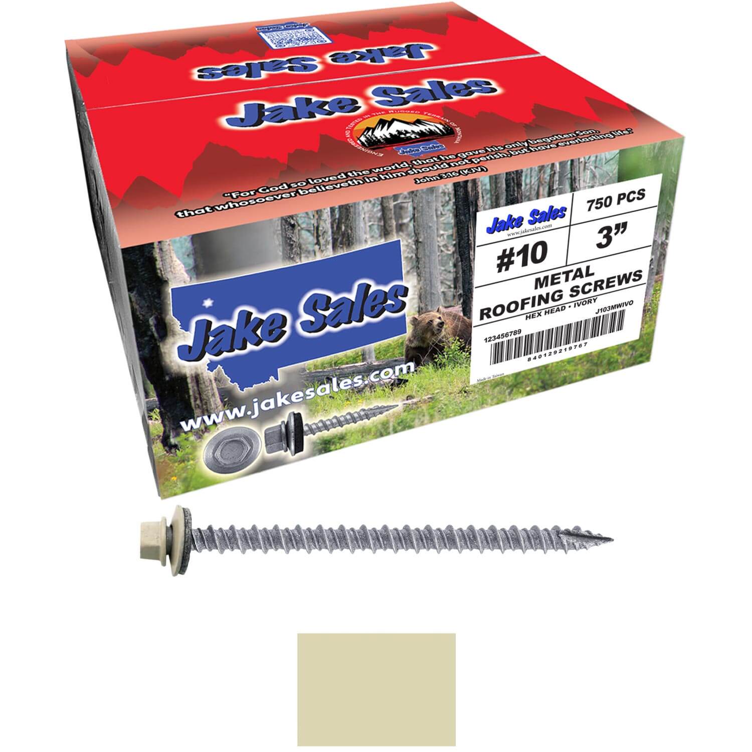 #10 x 3" Metal ROOFING SCREWS - Hex Washer Head - Self starting/self tapping - EPDM washer. Colored head. - Image 180