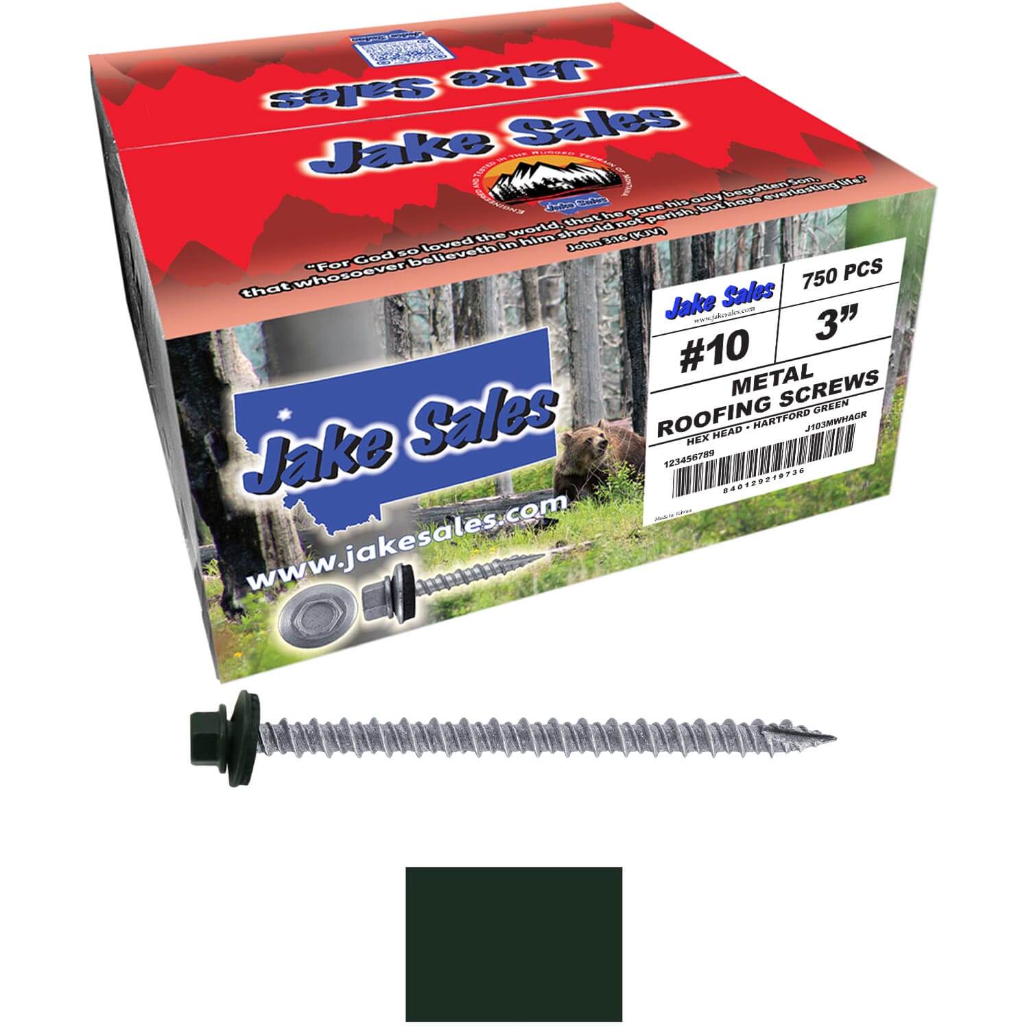 #10 x 3" Metal ROOFING SCREWS - Hex Washer Head - Self starting/self tapping - EPDM washer. Colored head. - Image 225